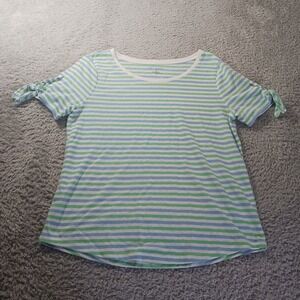 Talbots Linen Blend Top Size M Striped Tie Sleeve Preppy Casual Chic Spring